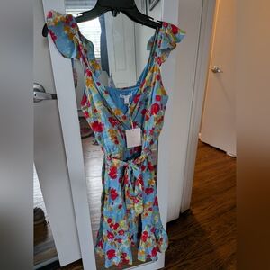 LC Lauren Conrad Light Blue Floral Wrap Dress with Red & Yellow Flowers